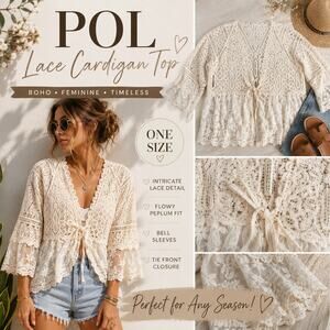 POL Ivory Lace Boho Cardigan Peplum Top One Size Cottagecore